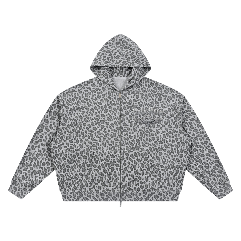 Unisex Leopard Print Waffle Full Zip Hoodie